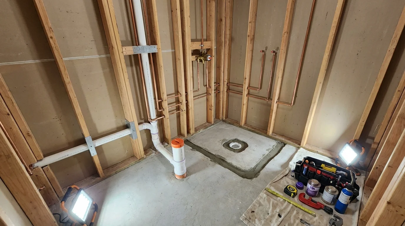 Bathroom rough-in plumbing during remodel by Johns Plumbing LLC in Pass Christian