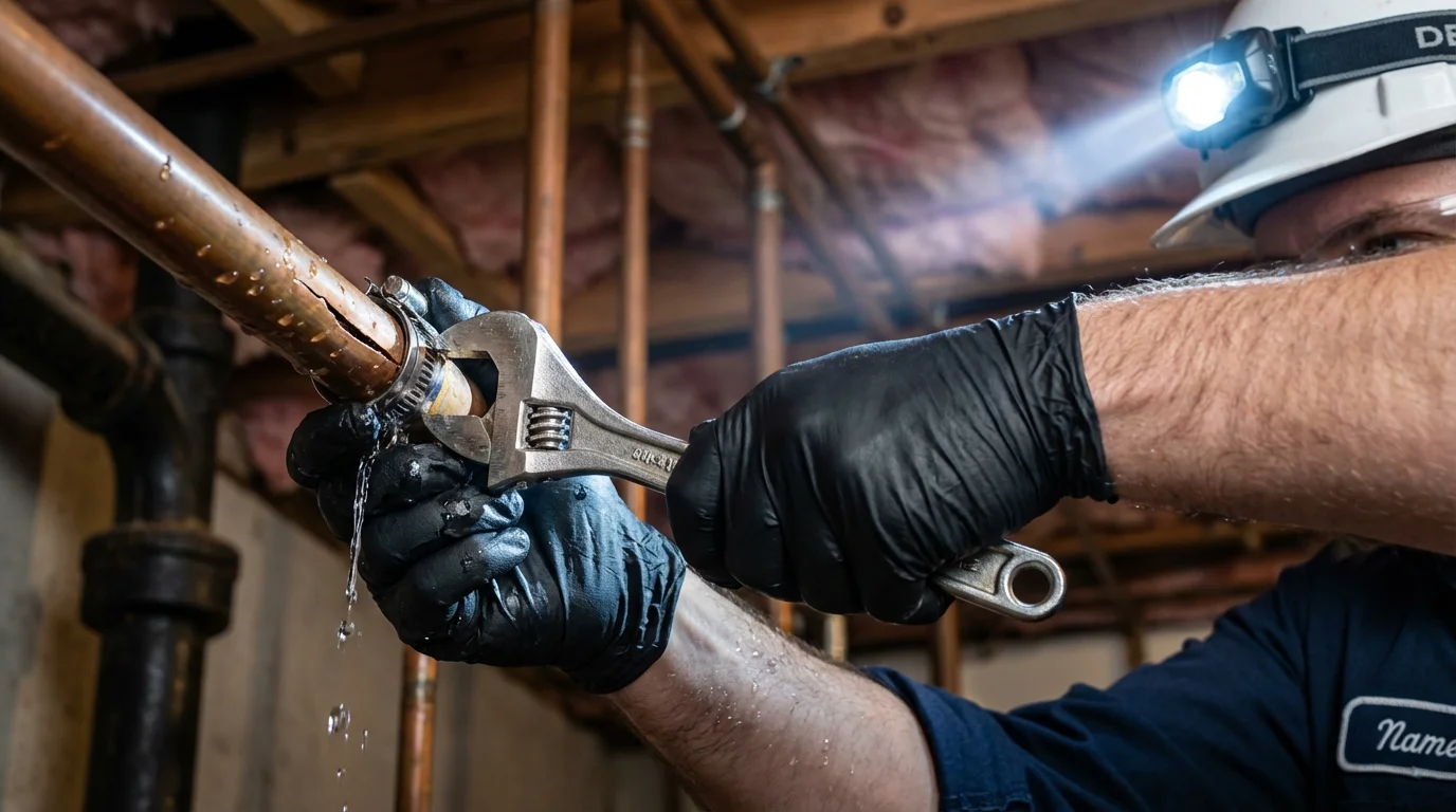 Emergency pipe clamp repair being performed by a Johns Plumbing LLC plumber in Pass Christian