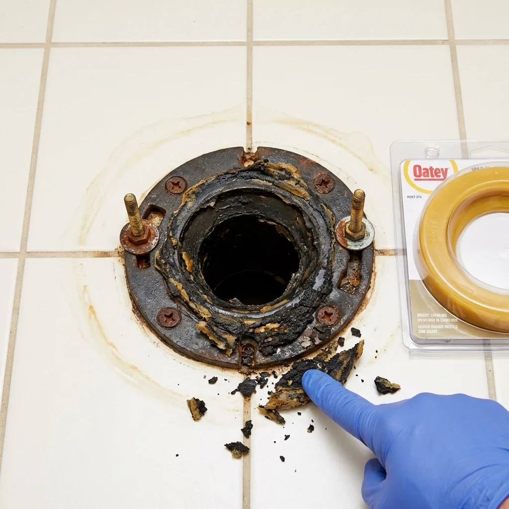 Failed wax ring showing water seepage at the base of a toilet in a Pass Christian, MS home