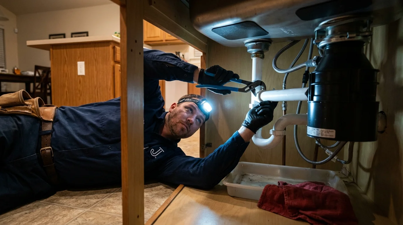 P-trap and supply line connections under a kitchen sink showing a common leak point in Pass Christian, MS